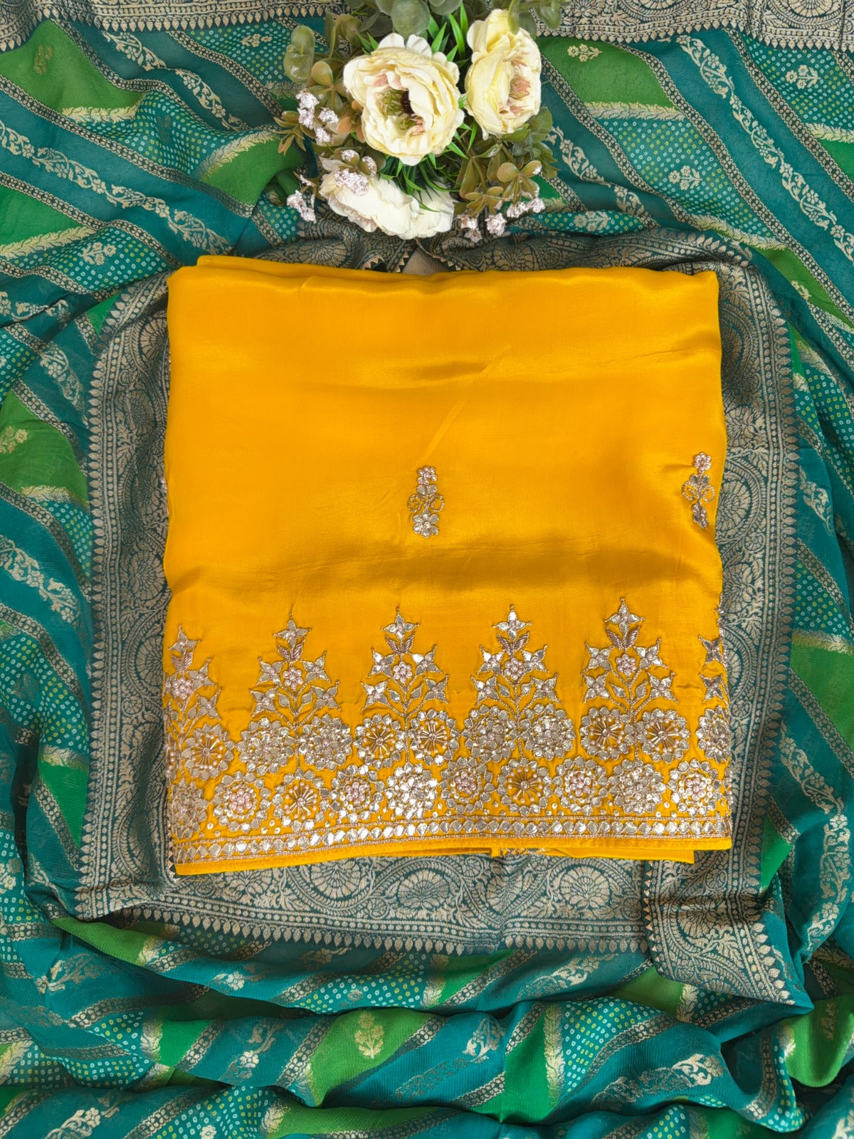 Elegant Yellow Crepe Suit with Gotta Patti Work and Banarasi Gharchola Dupatta