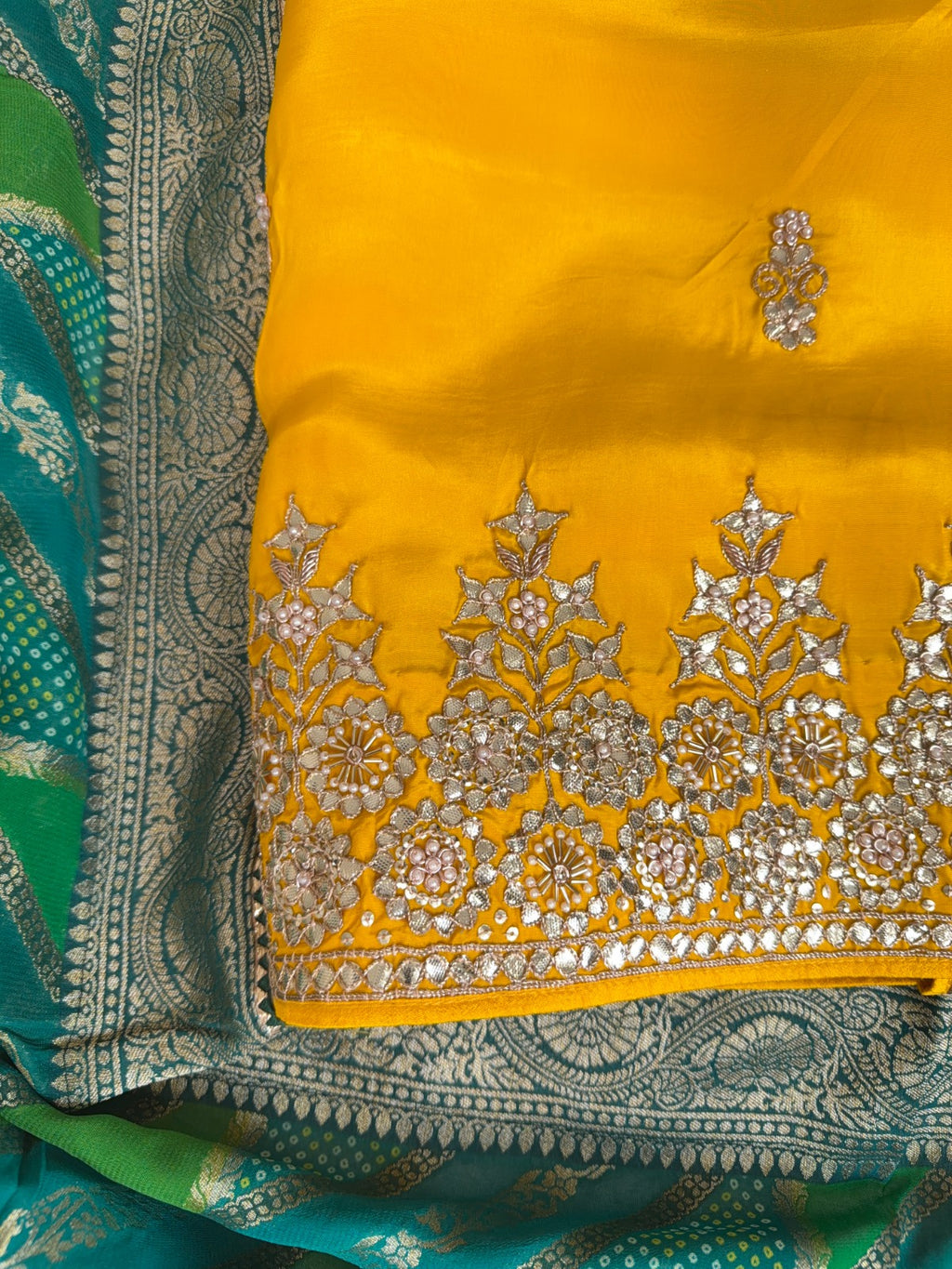 Elegant Yellow Crepe Suit with Gotta Patti Work and Banarasi Gharchola Dupatta