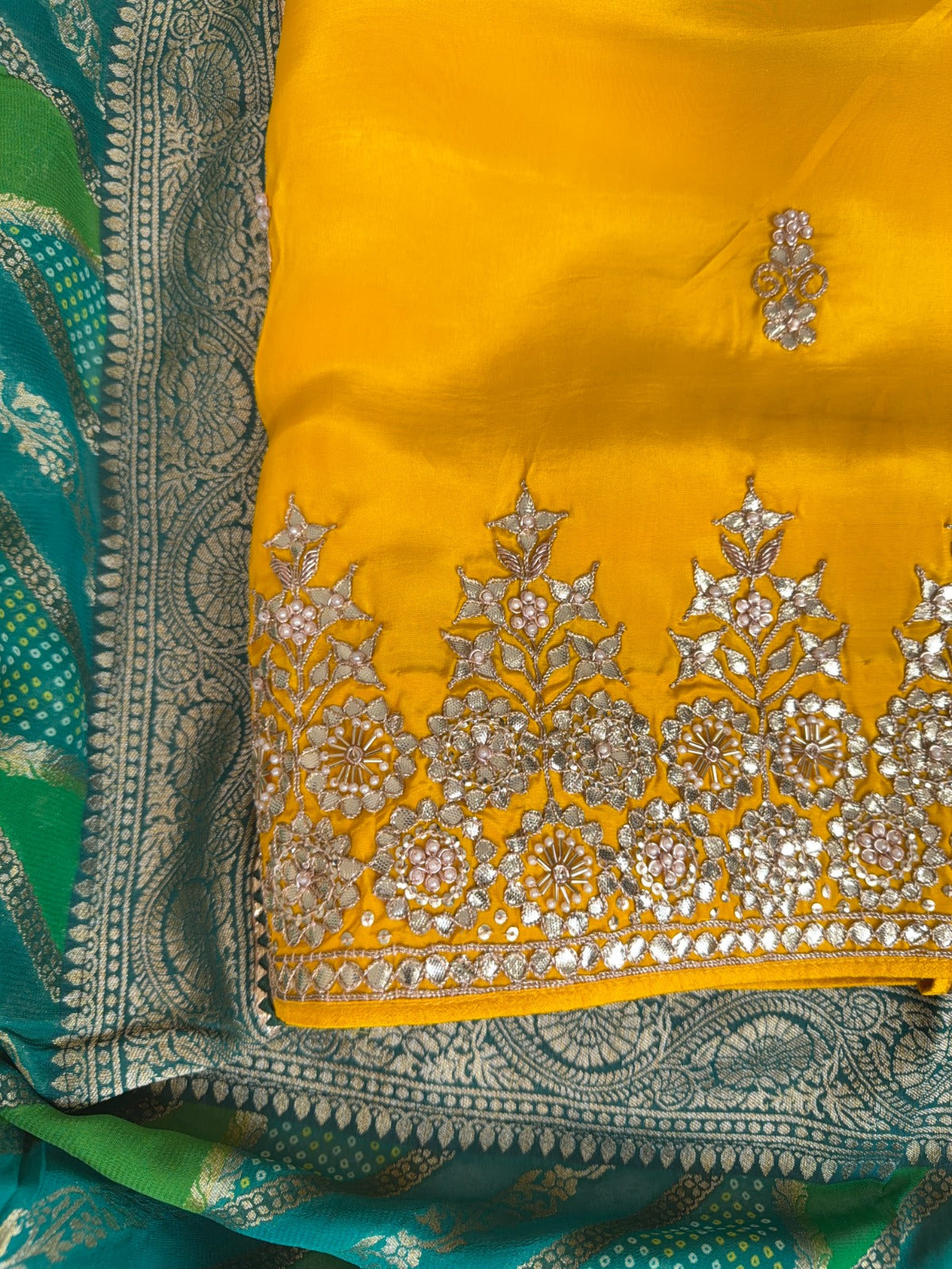 Elegant Yellow Crepe Suit with Gotta Patti Work and Banarasi Gharchola Dupatta