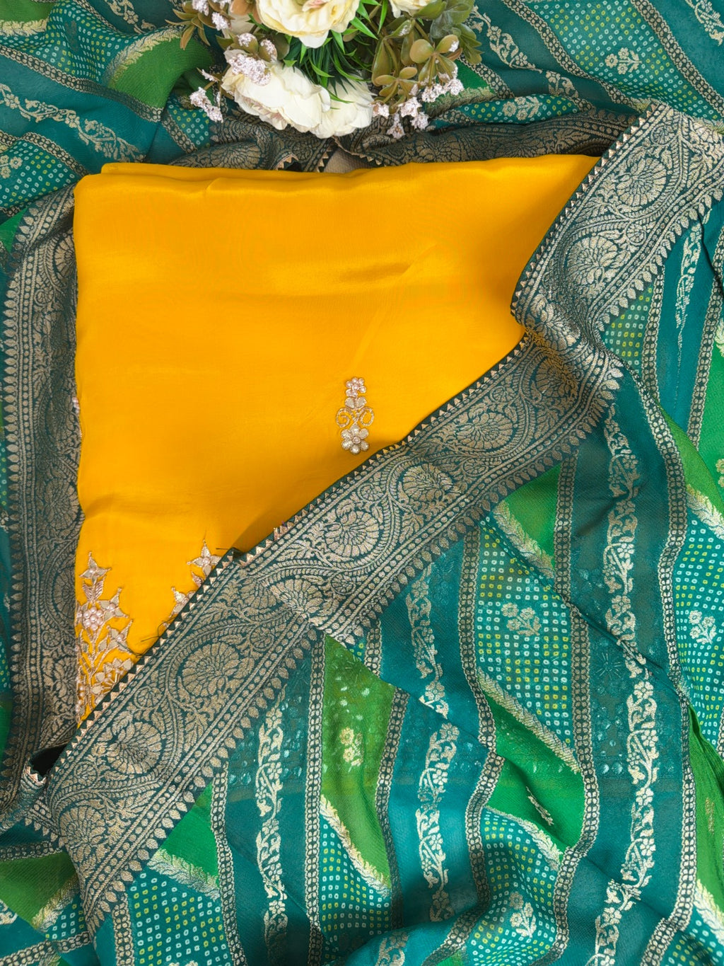 Elegant Yellow Crepe Suit with Gotta Patti Work and Banarasi Gharchola Dupatta