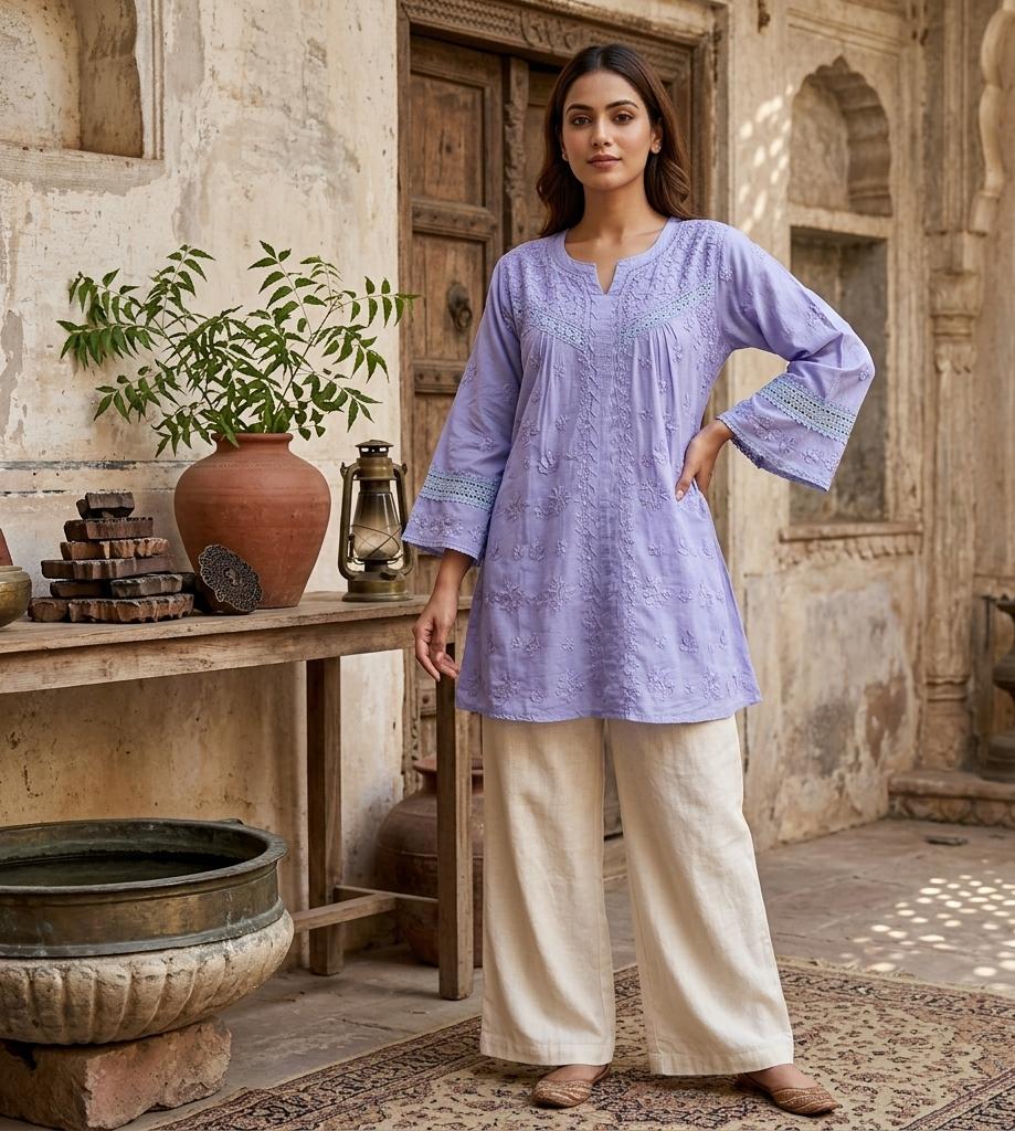 Lucknowi Chikankari Handwork Short Gown – Effortless Elegance