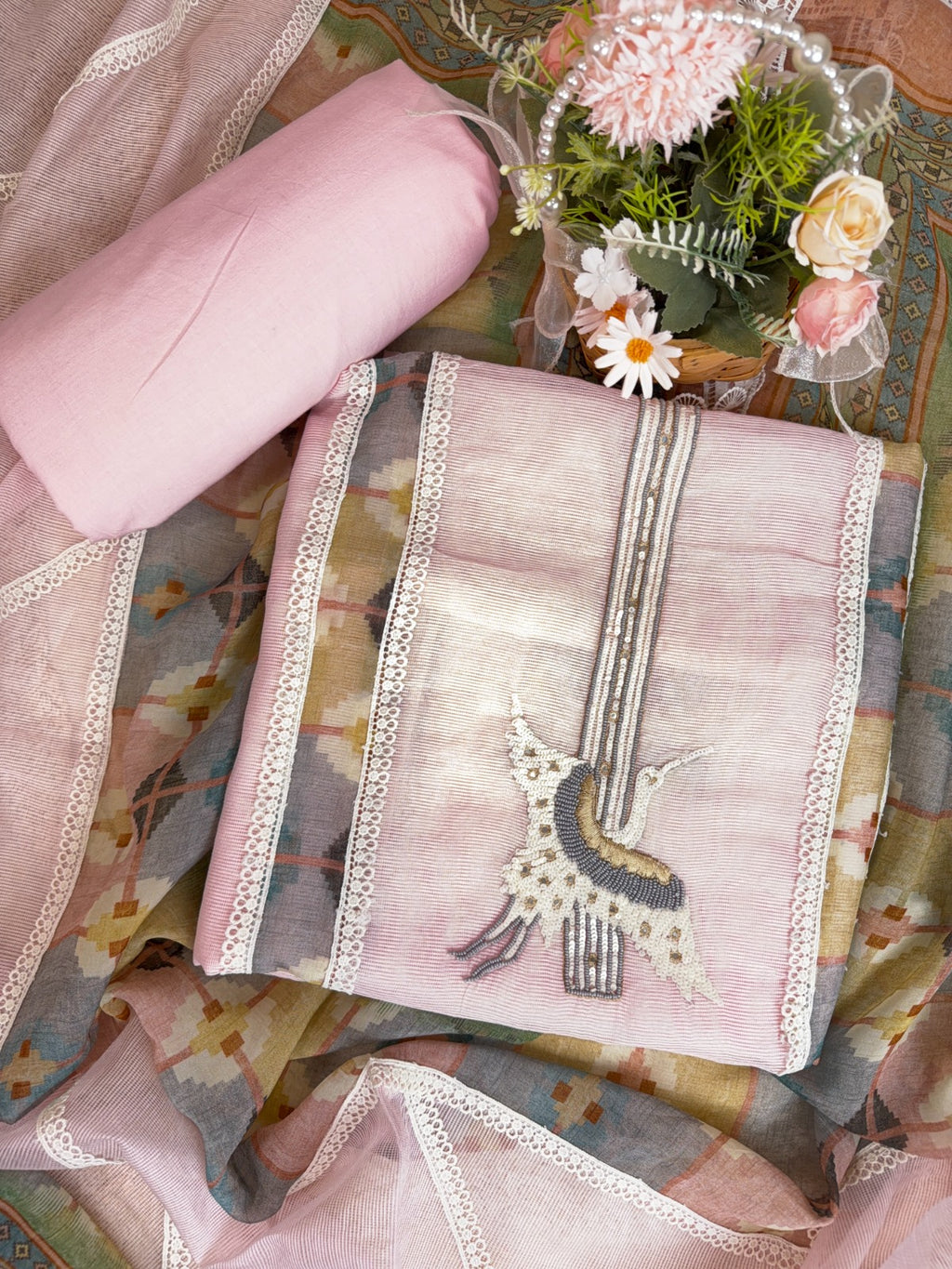 Elegant Pink Dori Cotton Suit with Sequins, Pearls and Digital Patch Work