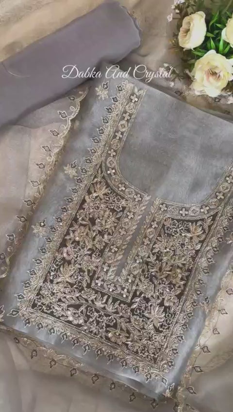 Refined Grey Glass Tissue Suit with Dabka, Crystal Embellishments and Patchwork