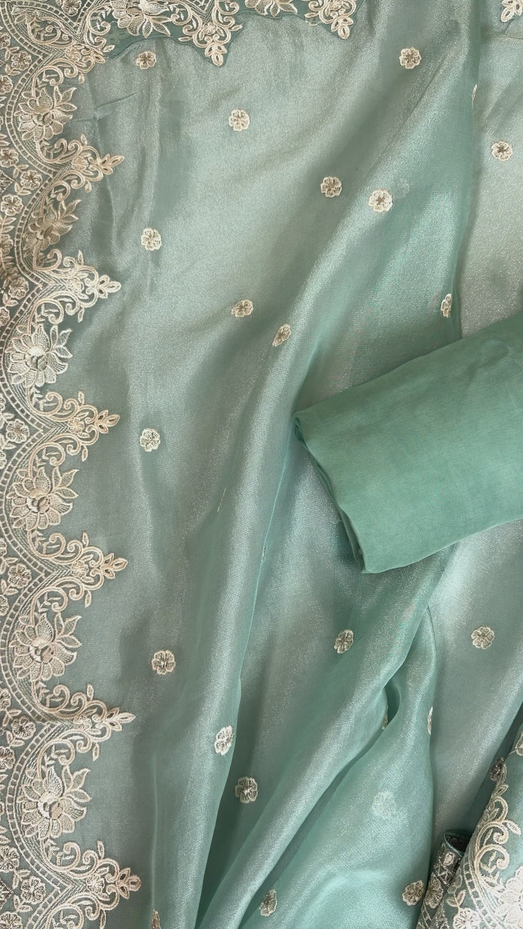 Elegant Turquoise Tissue Suit with Exquisite Parsi Threadwork