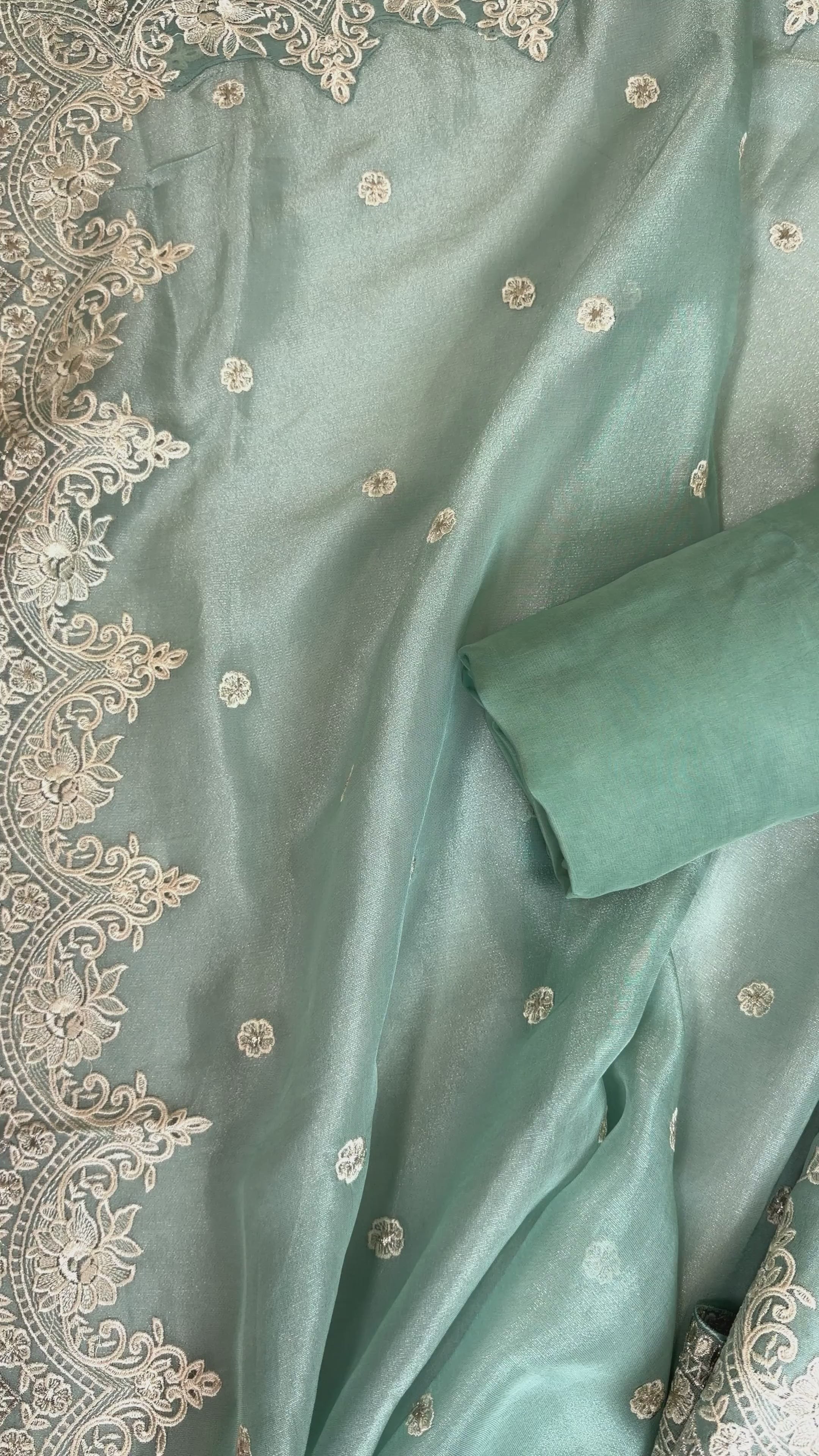 Elegant Turquoise Tissue Suit with Exquisite Parsi Threadwork