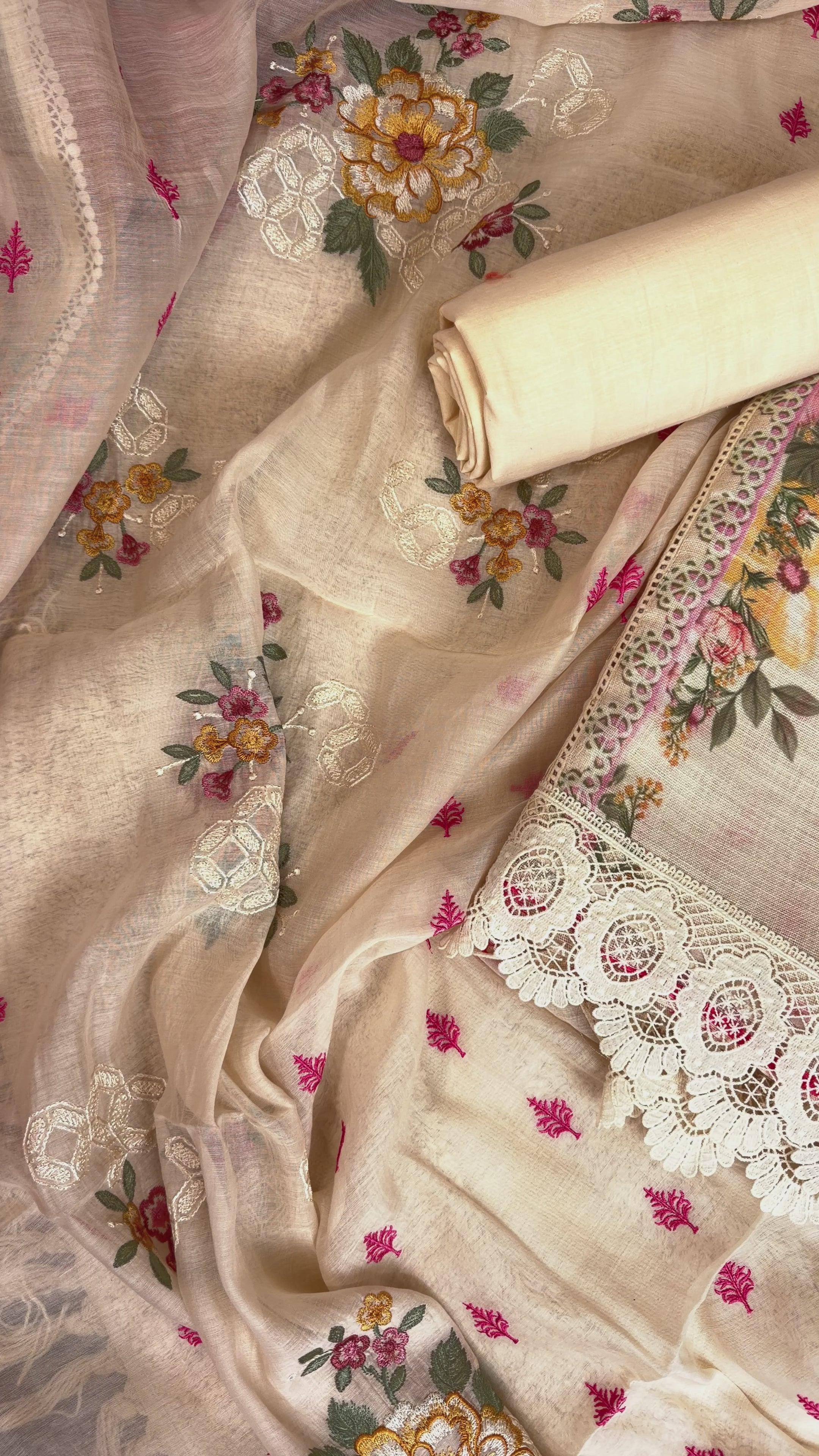 Elegant Linen Cotton Suit with Digital Print, Lace and Thread Work