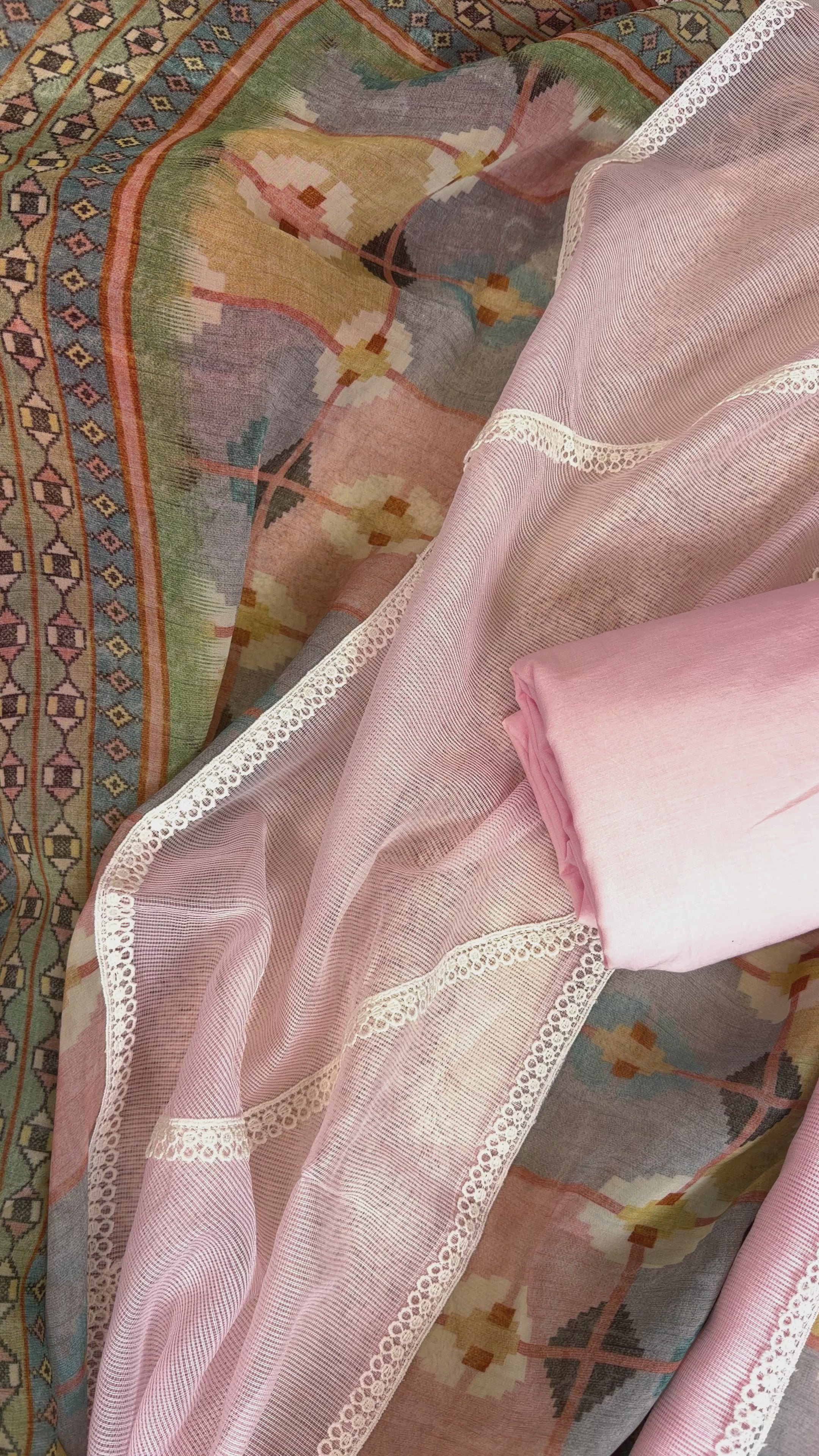 Elegant Pink Dori Cotton Suit with Sequins, Pearls and Digital Patch Work