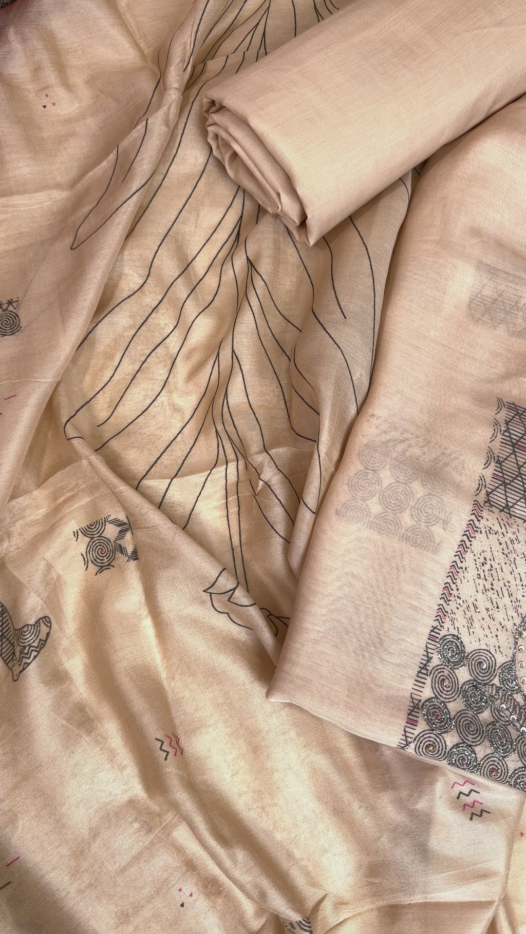 Elegant Beige Muslin Suit with Sequins, Knots and Digital Print