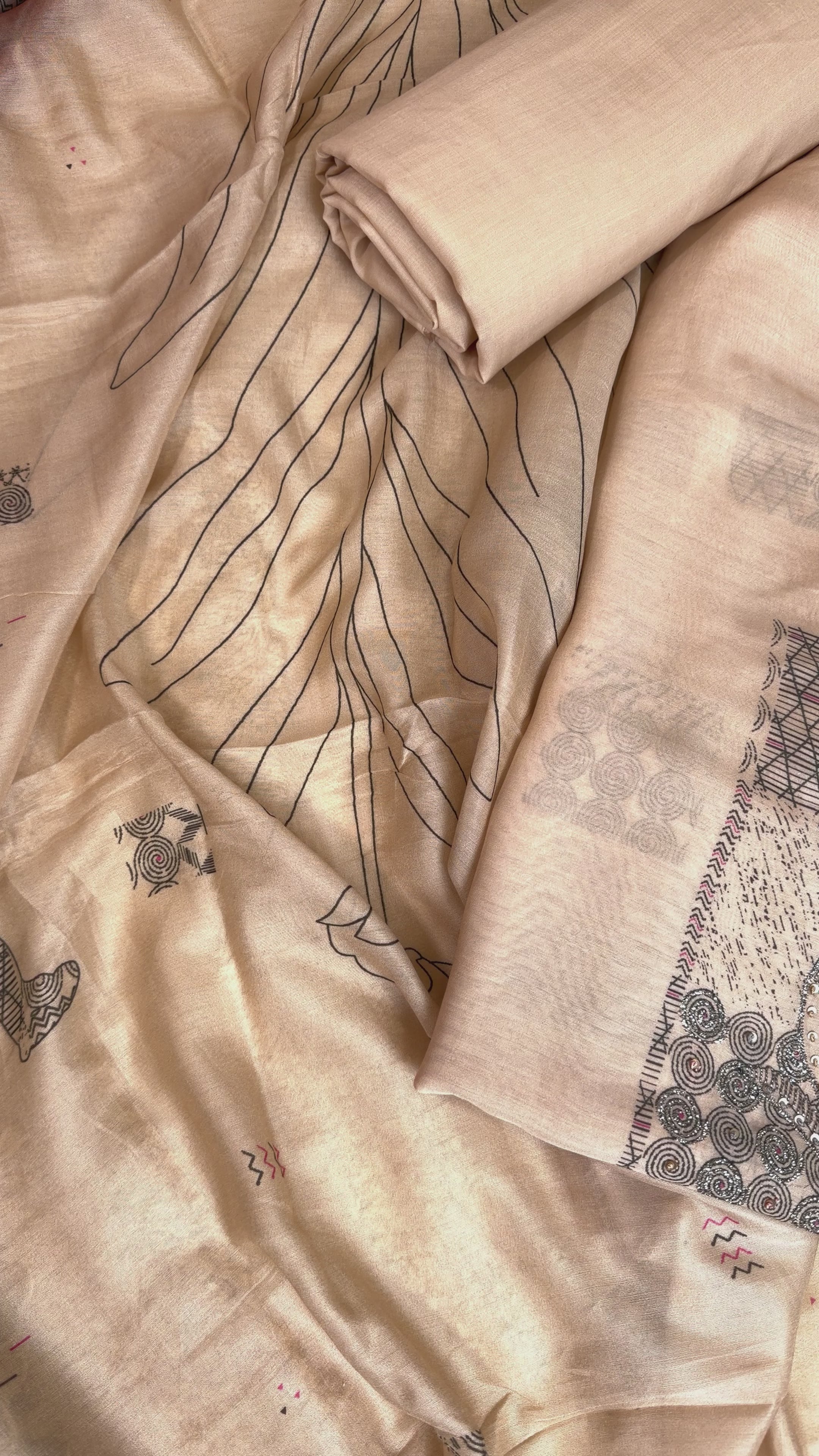 Elegant Beige Muslin Suit with Sequins, Knots and Digital Print