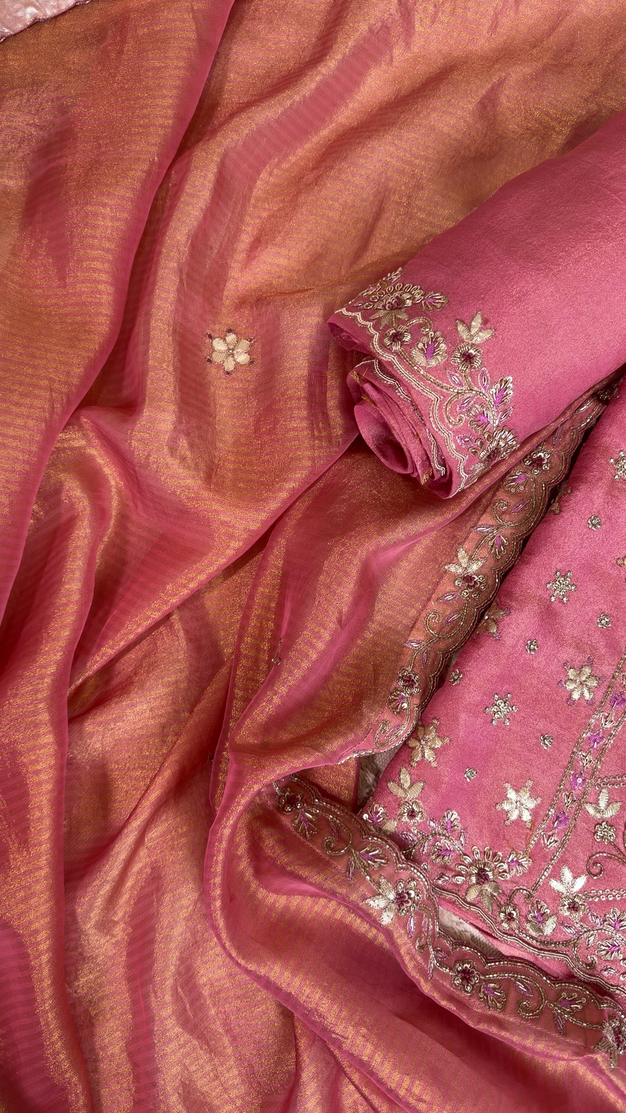 Exquisite Peachy Pink Crepe Tissue Suit with Sequins, Gota Patti and Dabka Work