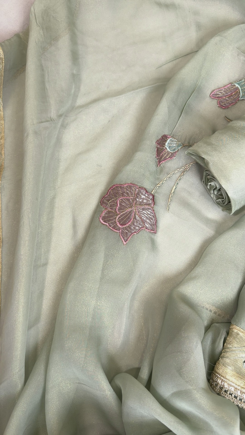 Pista Green Shimmer Tissue Suit with Exquisite Patch Work