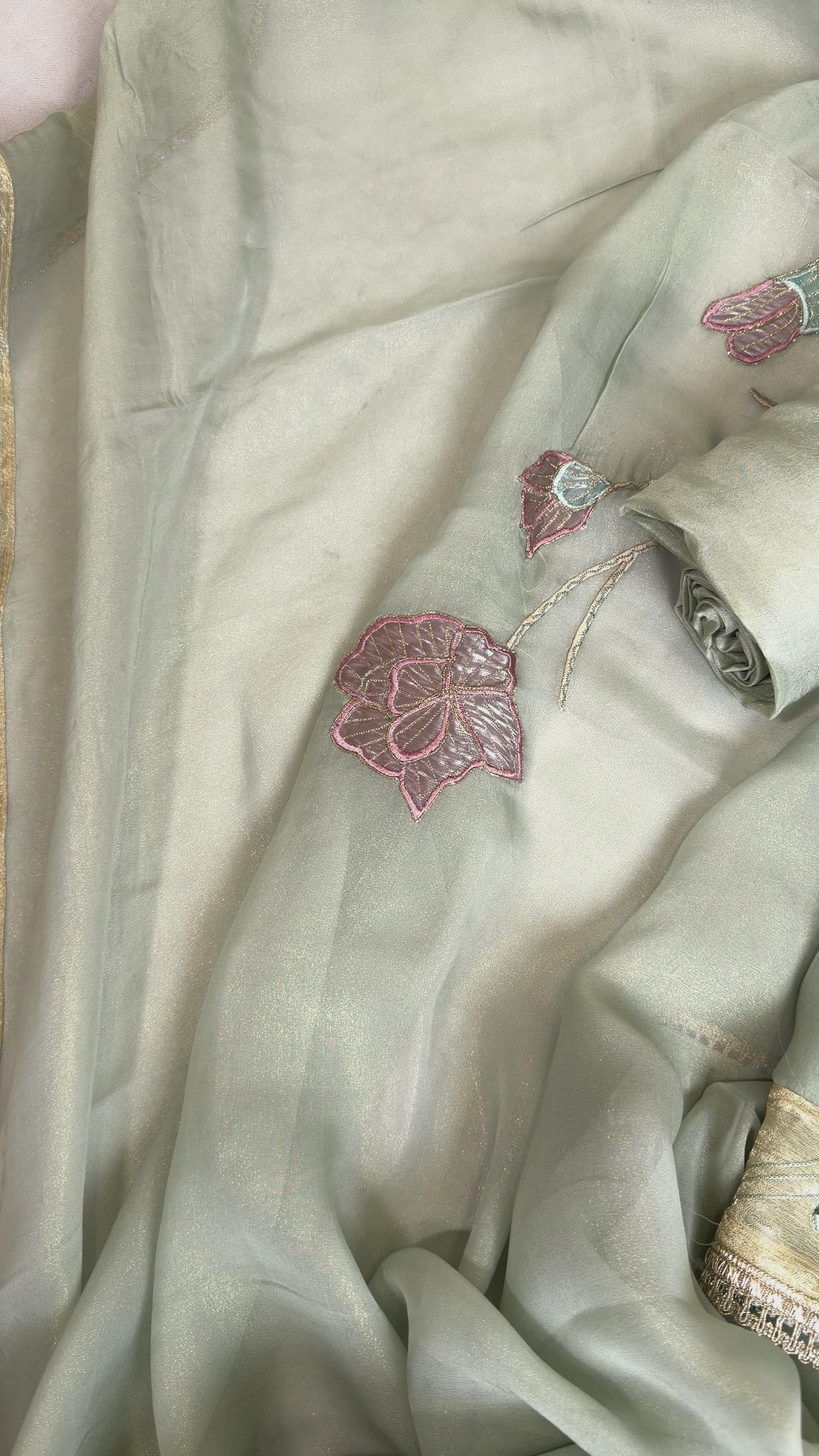 Pista Green Shimmer Tissue Suit with Exquisite Patch Work
