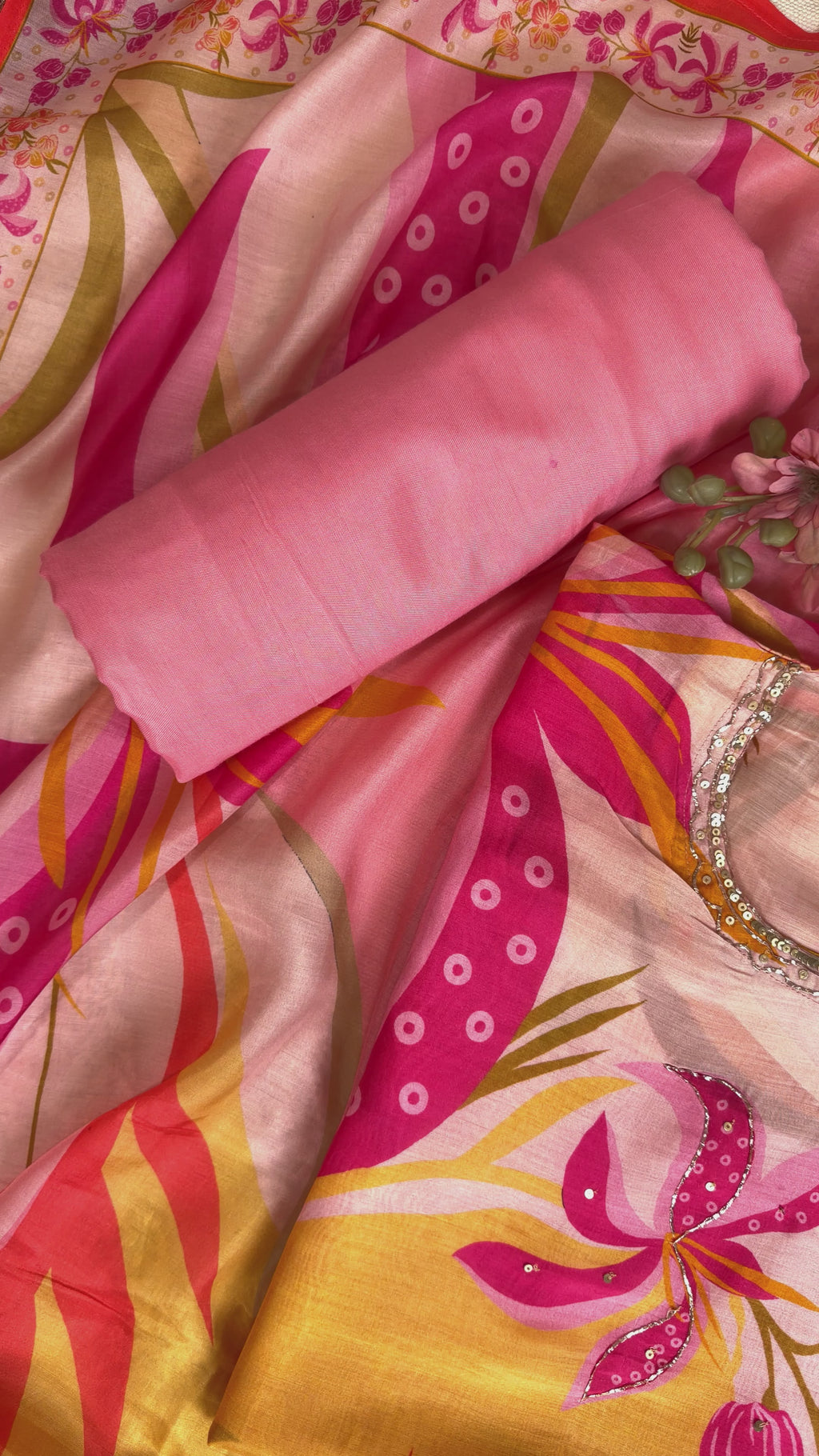 Luxurious Peach Muslin Suit with Multi Digital Print