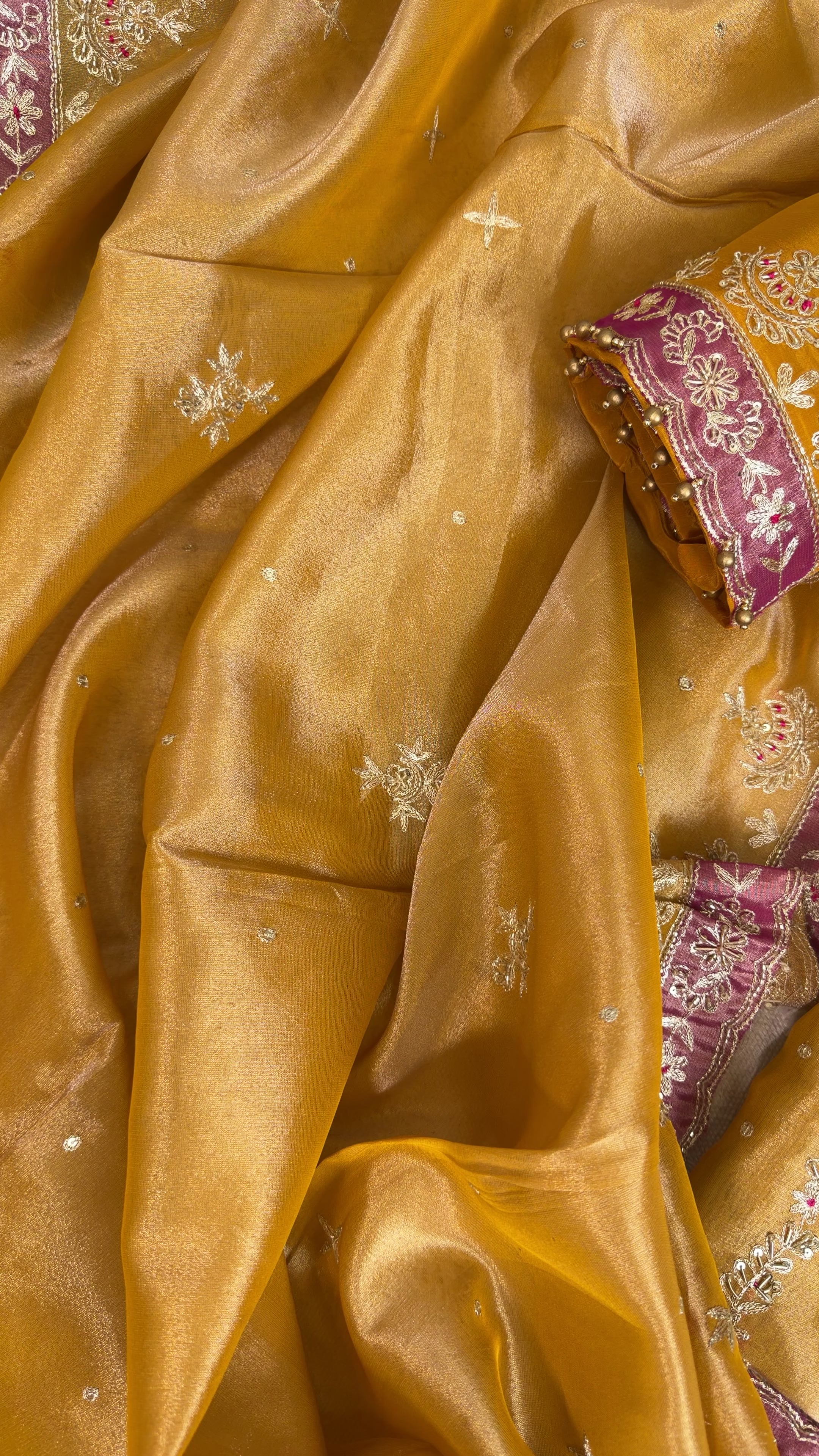 Elegant Mustard Crepe Tissue Suit with Pitta, Kutki Dabka and Contrast Patchwork Dupatta