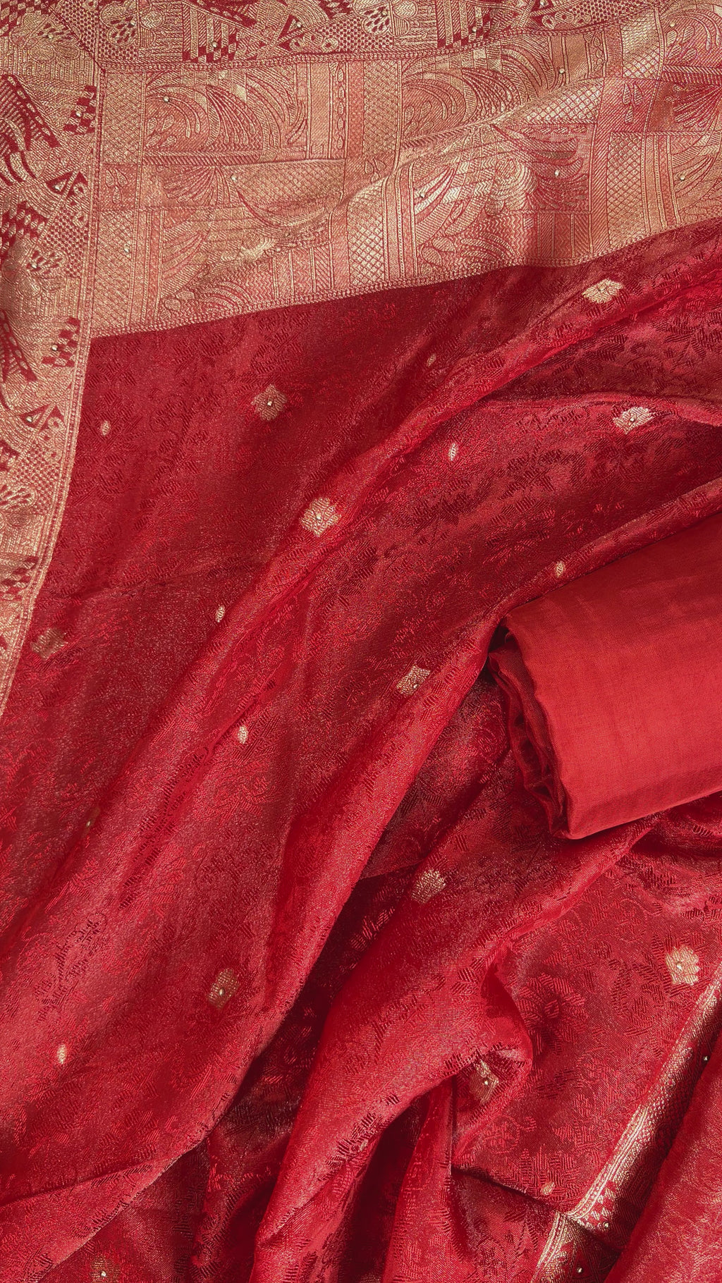 Elegant Rust Red Self Tissue Suit with Dori, Gota Patti and Knots Work