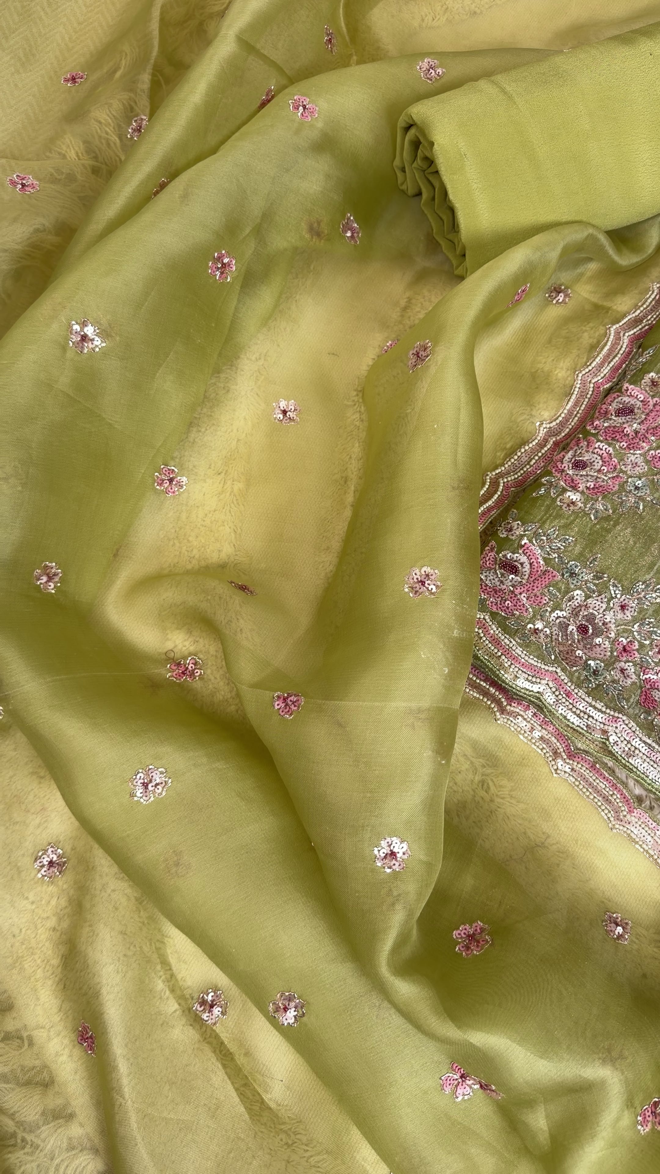 Refined Dusty Olive Organza Tissue Suit with Delicate Pearl Work