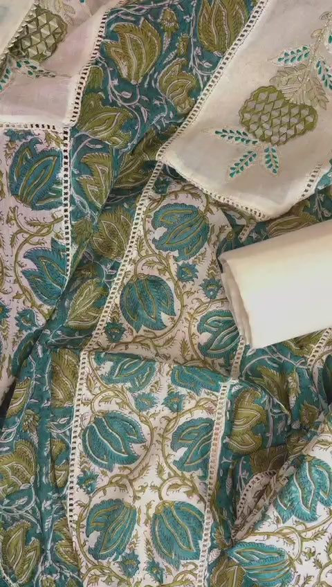 Elegant Turquoise Cotton Suit with Delicate Mirror Work